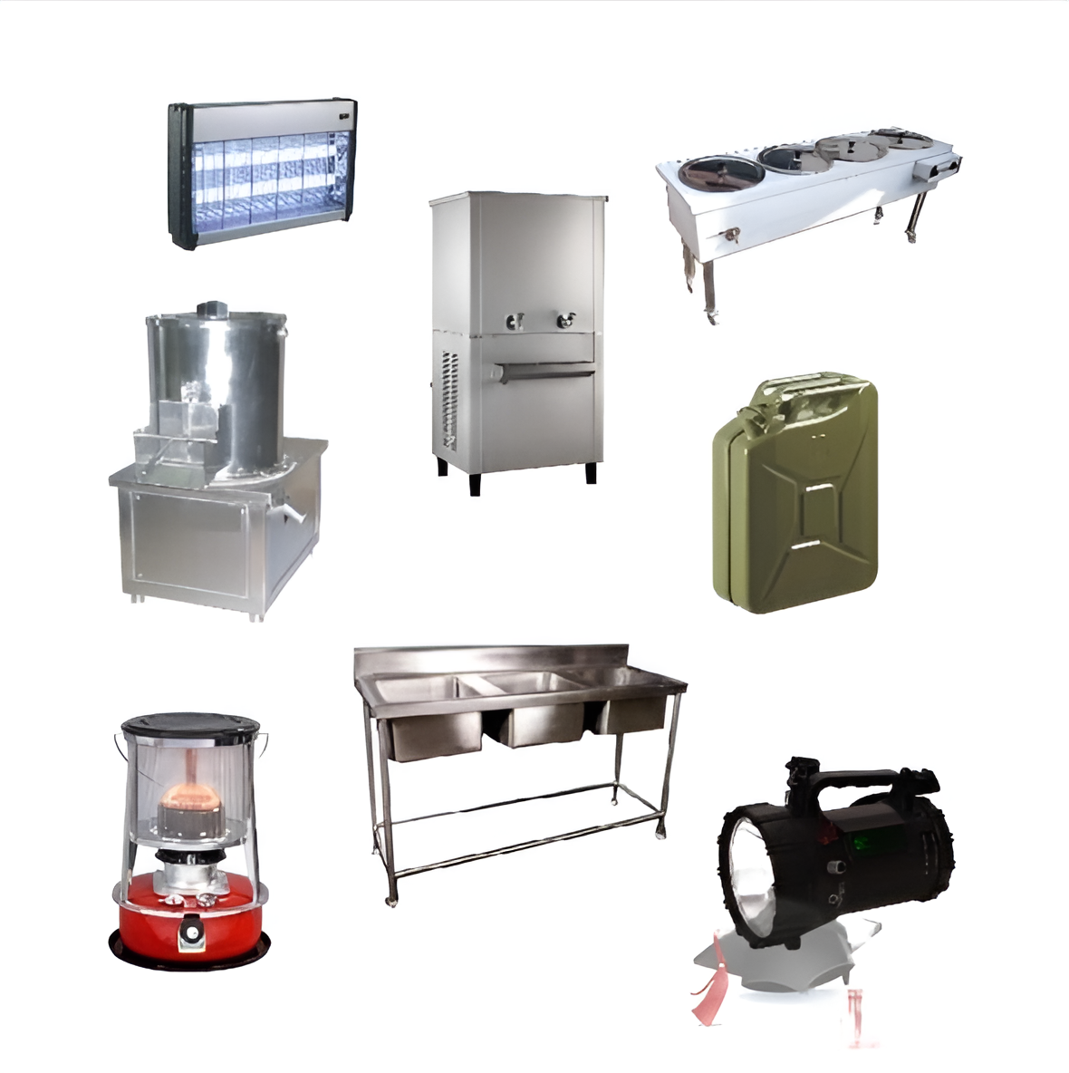 Kitchen and DFAC supplies including cookware, utensils, and appliances